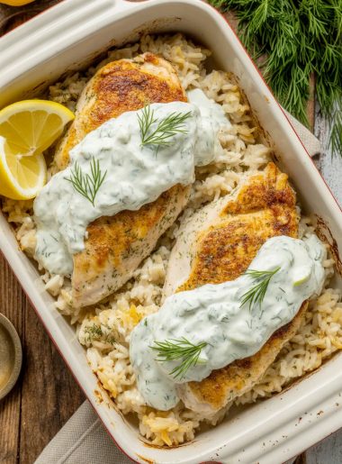 Baked chicken with golden crust on lemon herb rice, generously drizzled with creamy tzatziki sauce and fresh dill garnish