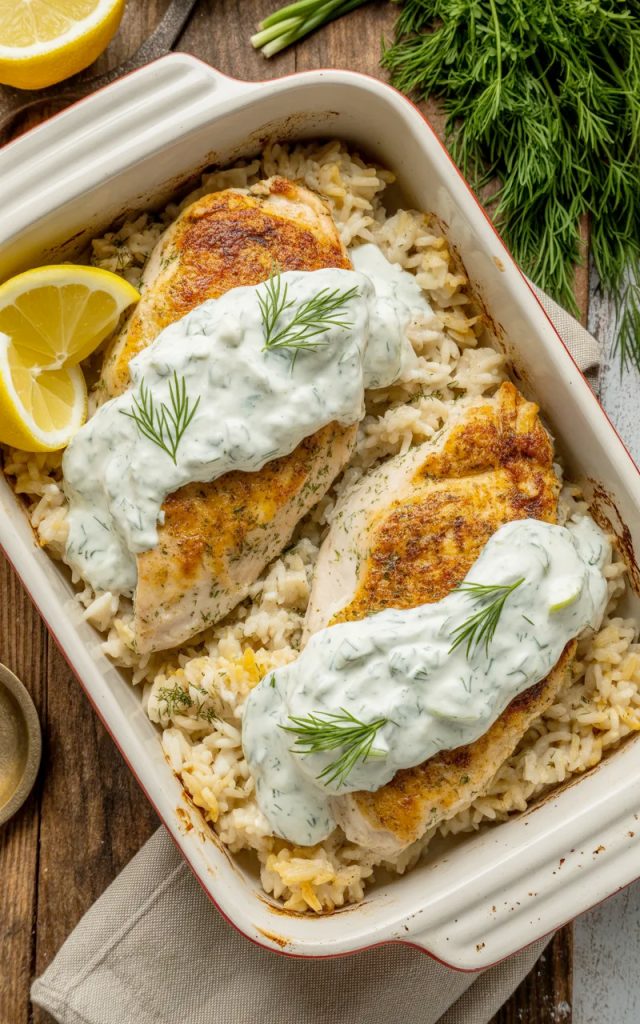 Baked chicken with golden crust on lemon herb rice, generously drizzled with creamy tzatziki sauce and fresh dill garnish