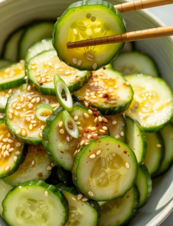 Asian cucumber salad with sesame seeds and red chili flakes in white bowl