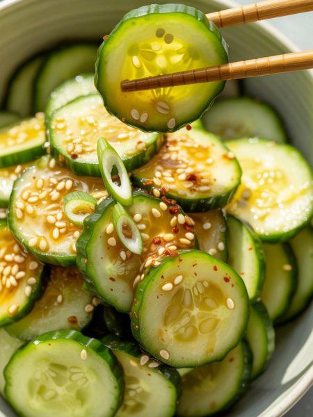 Asian cucumber salad with sesame seeds and red chili flakes in white bowl