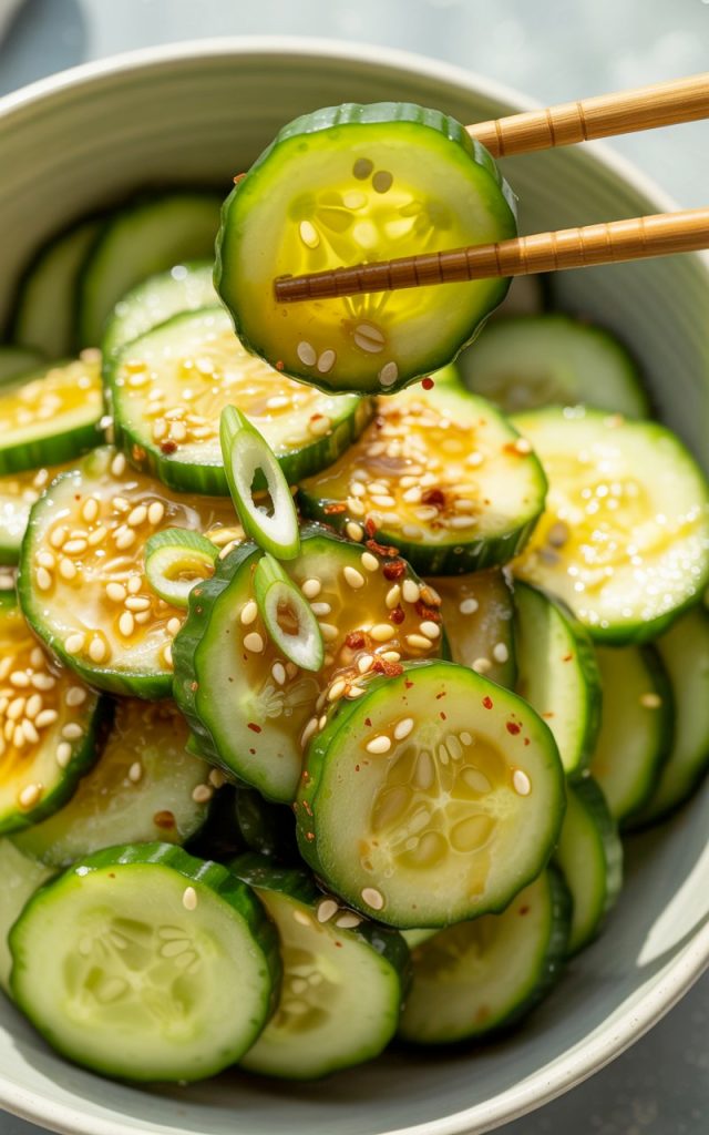 Asian cucumber salad with sesame seeds and red chili flakes in white bowl