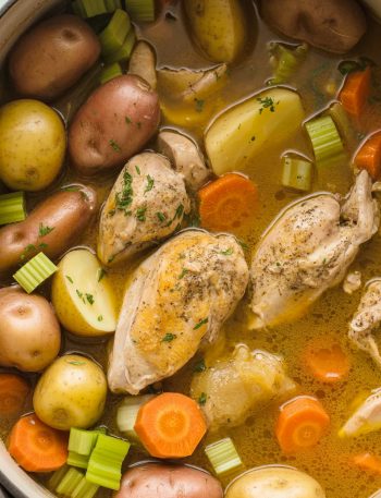 Pot of chicken stew with tender chicken, baby potatoes, carrots, and celery in rich broth