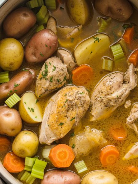 Pot of chicken stew with tender chicken, baby potatoes, carrots, and celery in rich broth