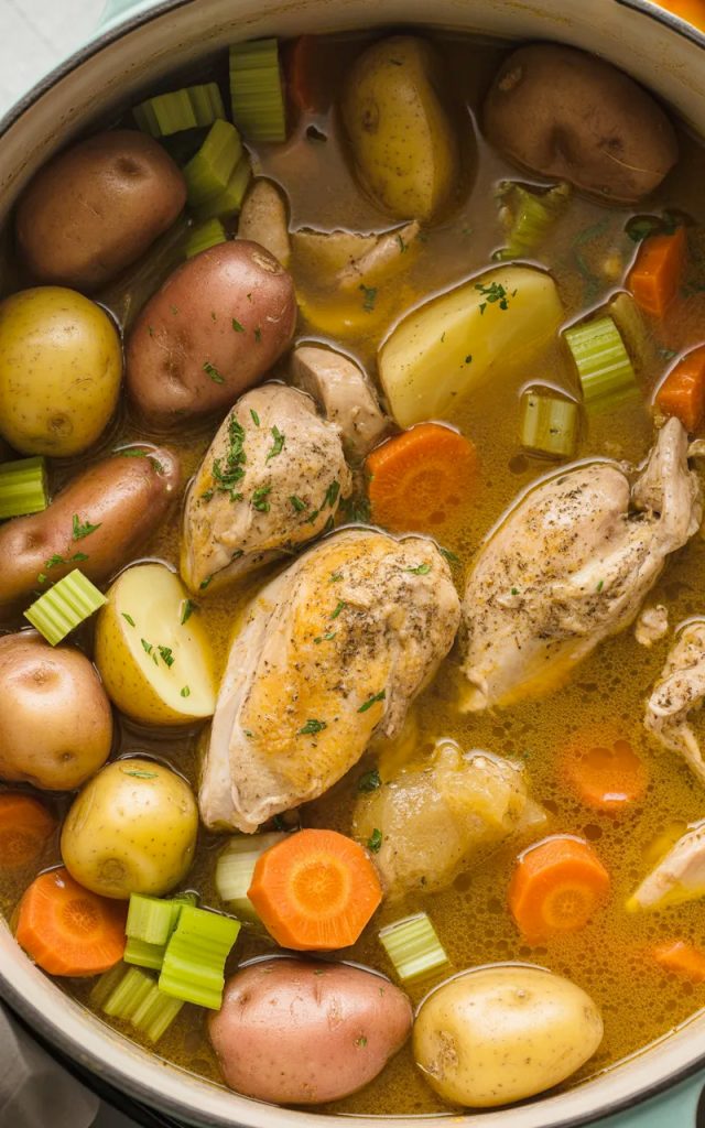 Pot of chicken stew with tender chicken, baby potatoes, carrots, and celery in rich broth