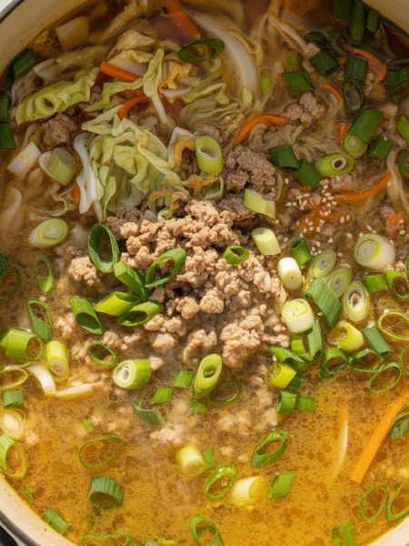 Pot of egg roll soup with ground pork, cabbage, carrots, and green onions in savory broth