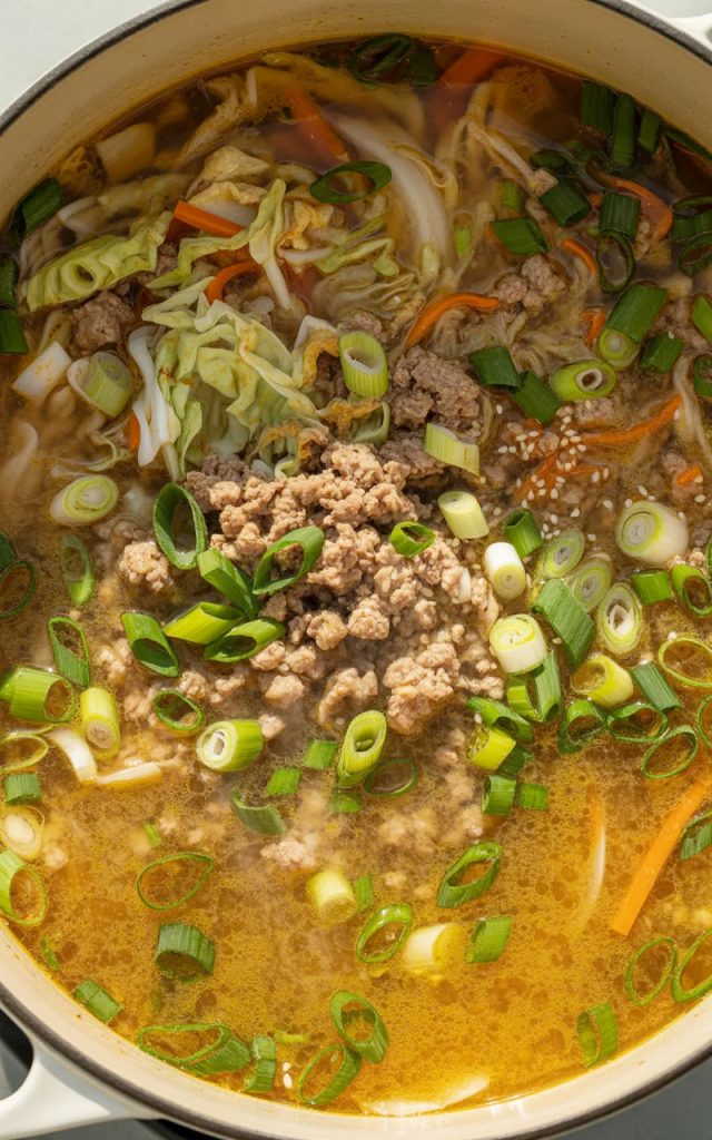 Pot of egg roll soup with ground pork, cabbage, carrots, and green onions in savory broth