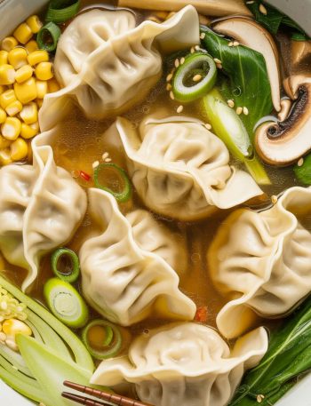 Bowl of potsticker soup with dumplings, vegetables, and green onions in savory broth