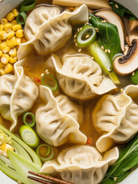 Bowl of potsticker soup with dumplings, vegetables, and green onions in savory broth