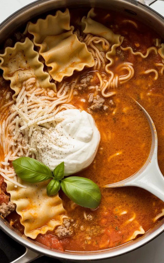 easy lasagna soup with broken noodles and meat sauce