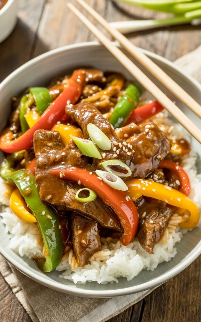 Pepper steak with colorful bell peppers in white bowl over rice