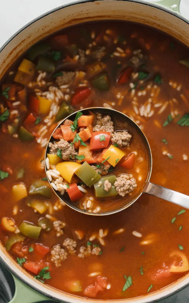 this easy stuffed pepper soup is the perfect way to use up leftover food