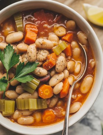 White ceramic bowl filled with traditional Greek fasolatha white bean soup showing creamy white beans, orange carrots, celery, and fresh parsley in tomato-based broth