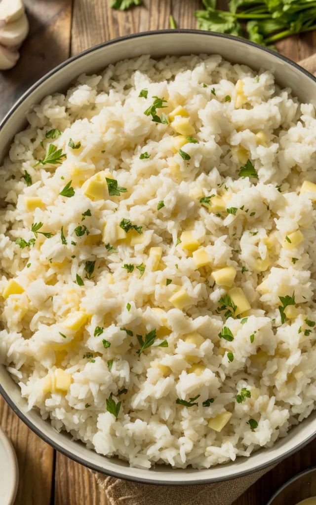 Bowl of fluffy garlic butter rice with fresh parsley garnish showing perfectly separated grains