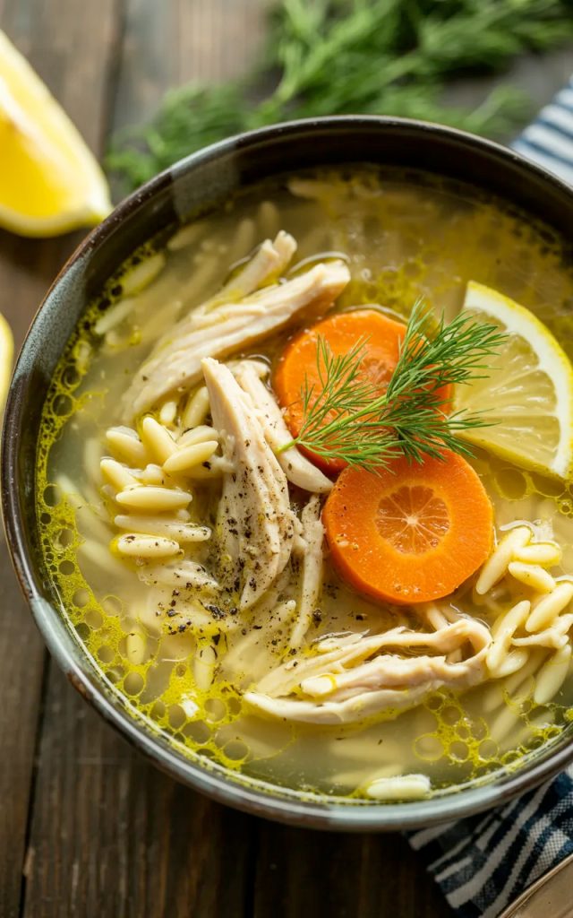 Greek lemon chicken soup with orzo pasta, shredded chicken, carrots, and fresh dill in a black bowl