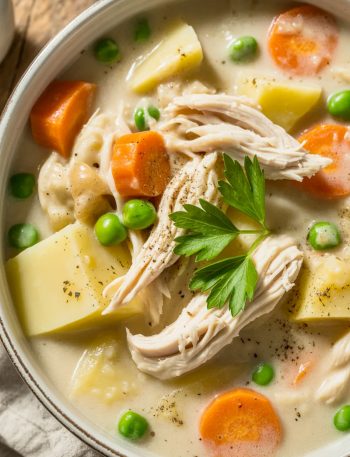 Creamy high protein chicken pot pie soup in a rustic ceramic bowl with chunks of chicken, carrots, potatoes, and fresh parsley garnish