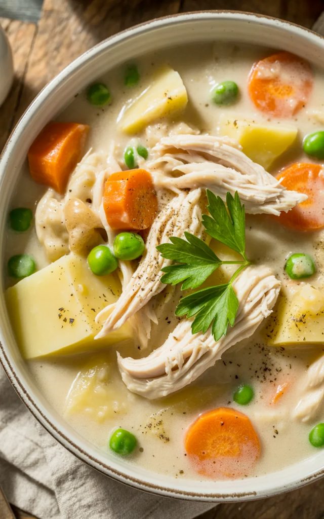 Creamy high protein chicken pot pie soup in a rustic ceramic bowl with chunks of chicken, carrots, potatoes, and fresh parsley garnish