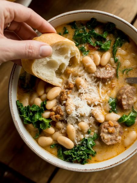 Bowl of creamy Italian sausage and white bean soup with kale, topped with Parmesan cheese and crusty bread for dipping