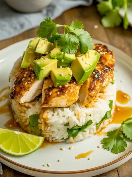 Beautiful stack of cilantro-lime rice topped with honey lime glazed chicken and fresh diced avocado with cilantro garnish