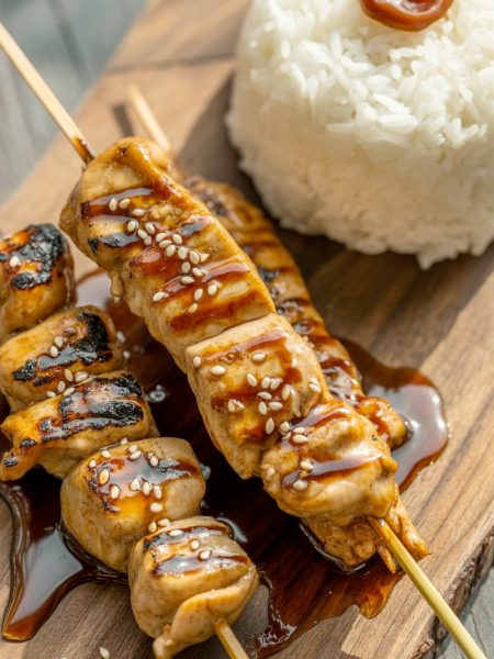 Japanese chicken yakitori skewers with glossy tare sauce on wooden board with rice