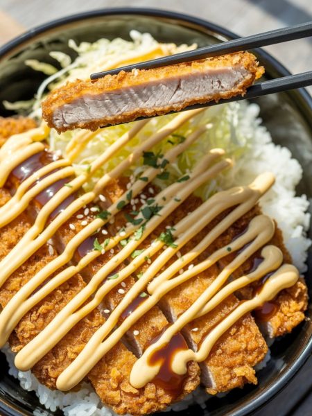 Japanese katsu bowl with crispy breaded cutlet and tonkatsu sauce drizzle over rice