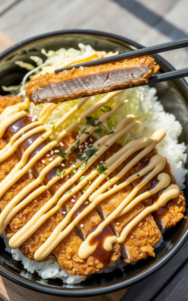 Japanese katsu bowl with crispy breaded cutlet and tonkatsu sauce drizzle over rice