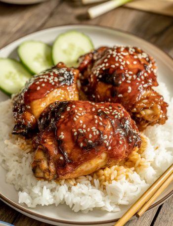 Korean baked honey gochujang chicken with glaze over rice and cucumbers