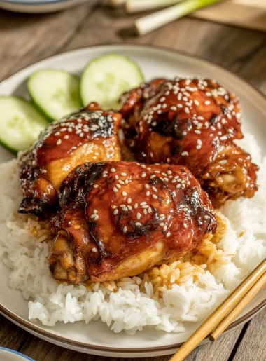 Korean baked honey gochujang chicken with glaze over rice and cucumbers