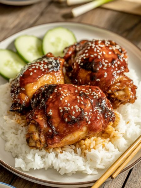 Korean baked honey gochujang chicken with glaze over rice and cucumbers