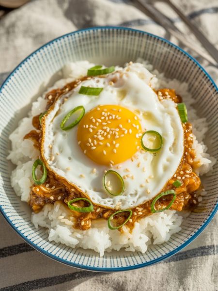 Korean egg rice bowl with fried egg on top and green onions in striped bowl