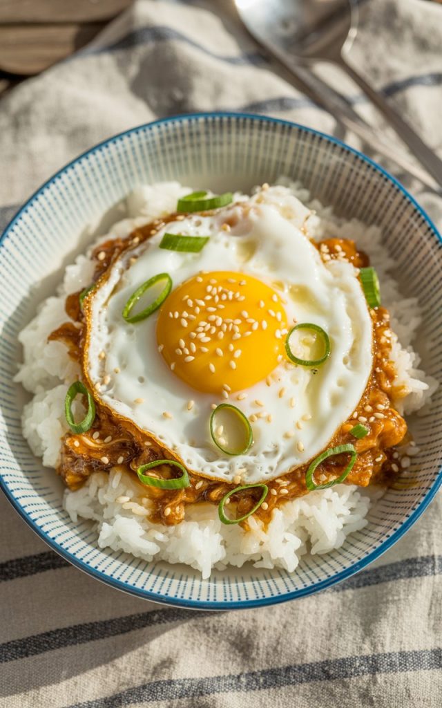 Korean egg rice bowl with fried egg on top and green onions in striped bowl