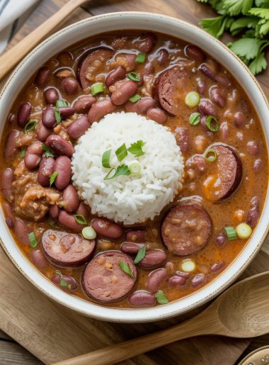 Bowl of Louisiana red beans and rice with Andouille sausage, white rice, and fresh parsley garnish