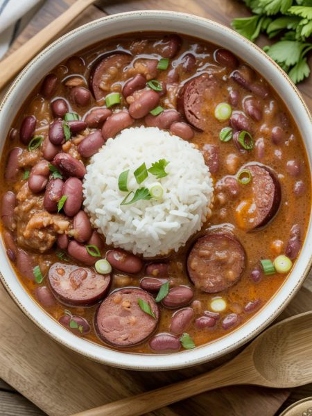 Bowl of Louisiana red beans and rice with Andouille sausage, white rice, and fresh parsley garnish