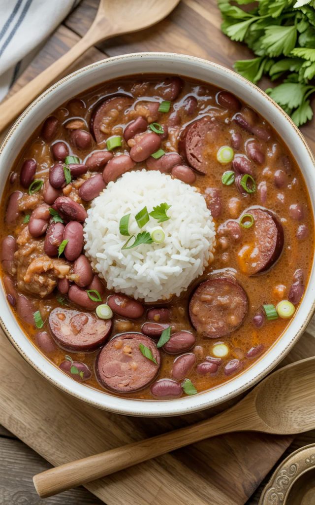Bowl of Louisiana red beans and rice with Andouille sausage, white rice, and fresh parsley garnish