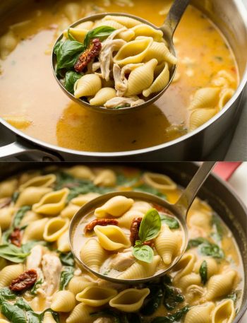 two images showing the same chicken soup with spinach and pasta in it, one is being