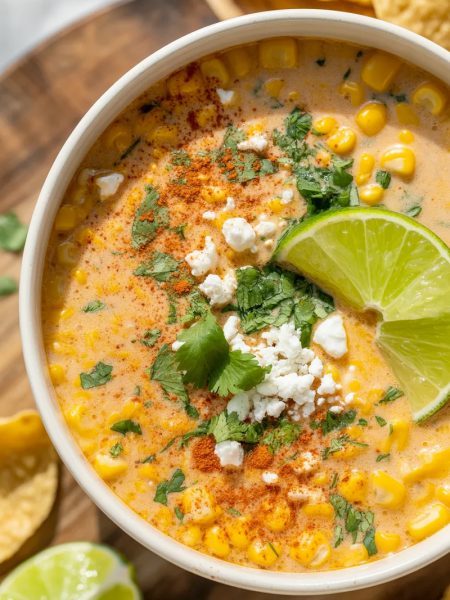 Bowl of creamy Mexican street corn soup topped with cotija cheese, cilantro, and lime
