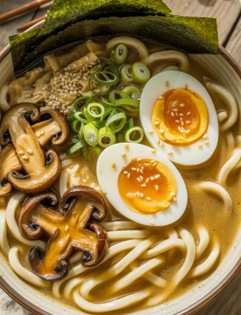 Bowl of miso udon noodle soup with teriyaki mushrooms, soft boiled egg, green onions, and nori strips