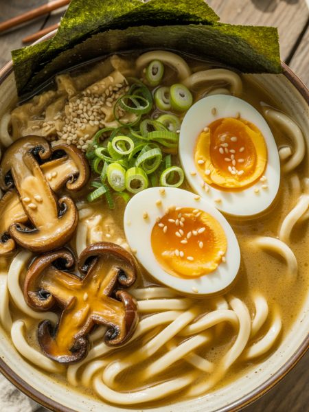 Bowl of miso udon noodle soup with teriyaki mushrooms, soft boiled egg, green onions, and nori strips