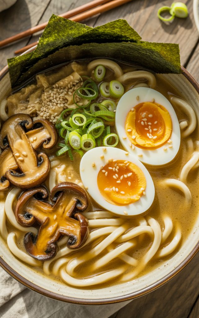 Bowl of miso udon noodle soup with teriyaki mushrooms, soft boiled egg, green onions, and nori strips