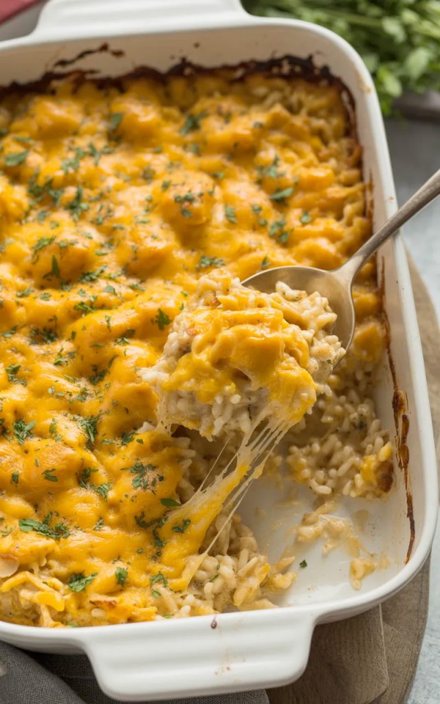 Golden bubbly chicken rice casserole with melted cheddar cheese, fresh parsley garnish, and cheese pull from serving spoon