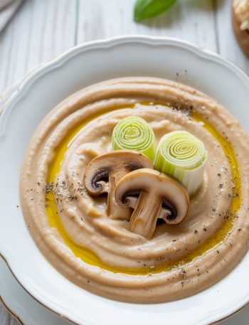 Creamy ratatouille soup in elegant bowl topped with sautéed mushrooms, leeks, and fresh herbs