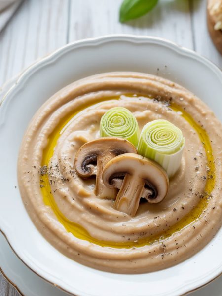 Creamy ratatouille soup in elegant bowl topped with sautéed mushrooms, leeks, and fresh herbs