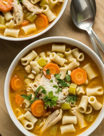 two bowls filled with pasta and chicken soup