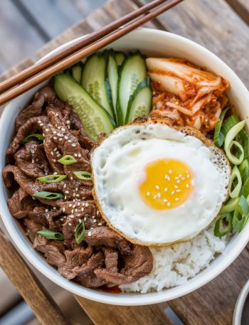 Beef bulgogi bowl with fried egg, rice, cucumber, and kimchi on wooden table