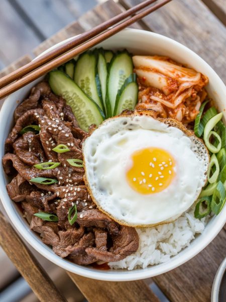 Beef bulgogi bowl with fried egg, rice, cucumber, and kimchi on wooden table
