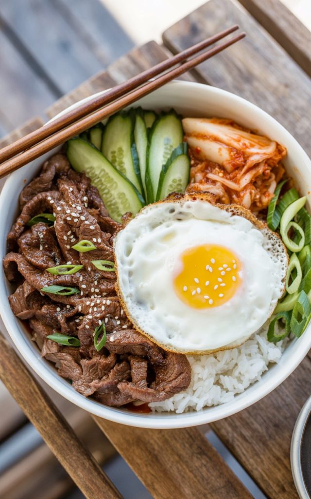 Beef bulgogi bowl with fried egg, rice, cucumber, and kimchi on wooden table