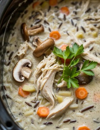 Creamy slow cooker chicken and wild rice soup with mushrooms, carrots, and fresh herbs