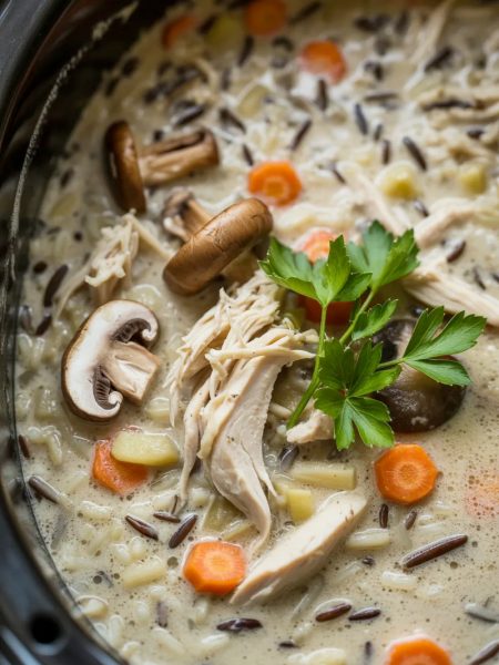 Creamy slow cooker chicken and wild rice soup with mushrooms, carrots, and fresh herbs