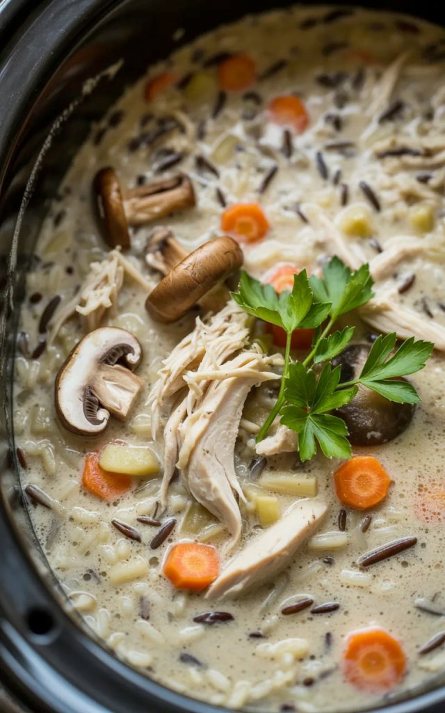 Creamy slow cooker chicken and wild rice soup with mushrooms, carrots, and fresh herbs