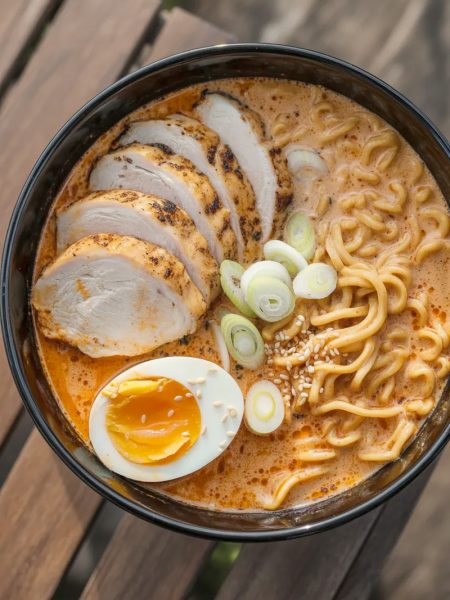 Bowl of spicy creamy chicken ramen with grilled chicken, soft-boiled egg, green onions, and sesame seeds in rich orange broth