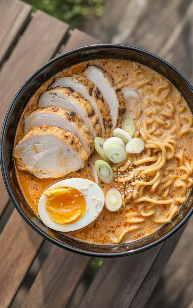 Bowl of spicy creamy chicken ramen with grilled chicken, soft-boiled egg, green onions, and sesame seeds in rich orange broth